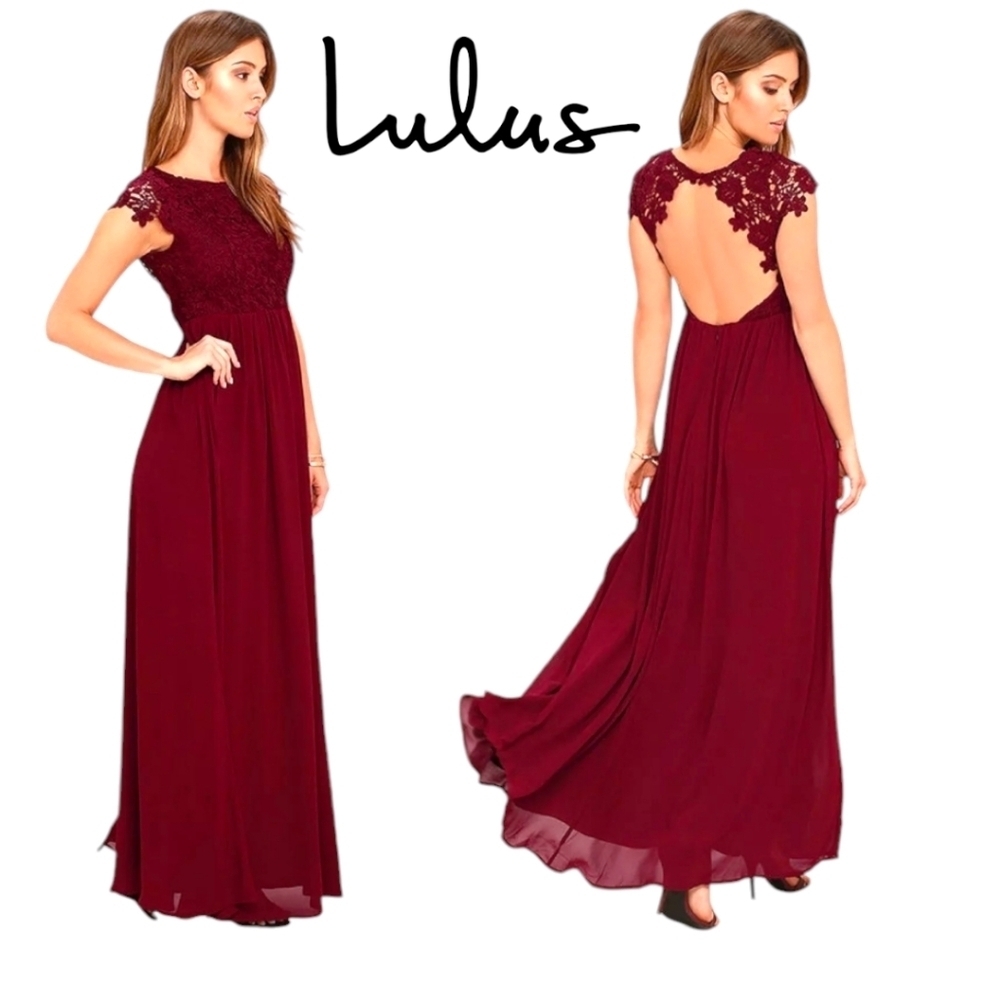 LULUS The Greatest Lace Maxi Dress Burgundy Crew Backless Cap Sleeves Sz SM NWT - Picture 1 of 15